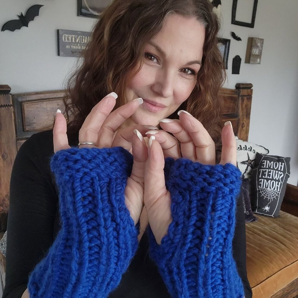 Hand Knit Fingerless Gloves, Armwarmers in Blue Yarn, Womens "Sapphire Sky" - Picture 9 of 11
